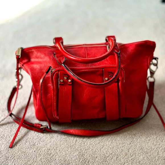 SHE+LO Handbags - SHE+LO Red Moto Genuine Leather Mid Size Crossbody Studded Tassels GUC